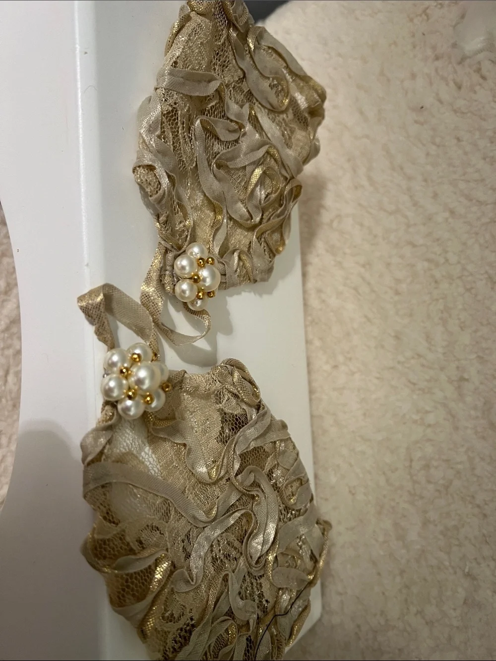 Vintage-Inspired Champagne Lace Fingerless Gloves with Pearl Accents